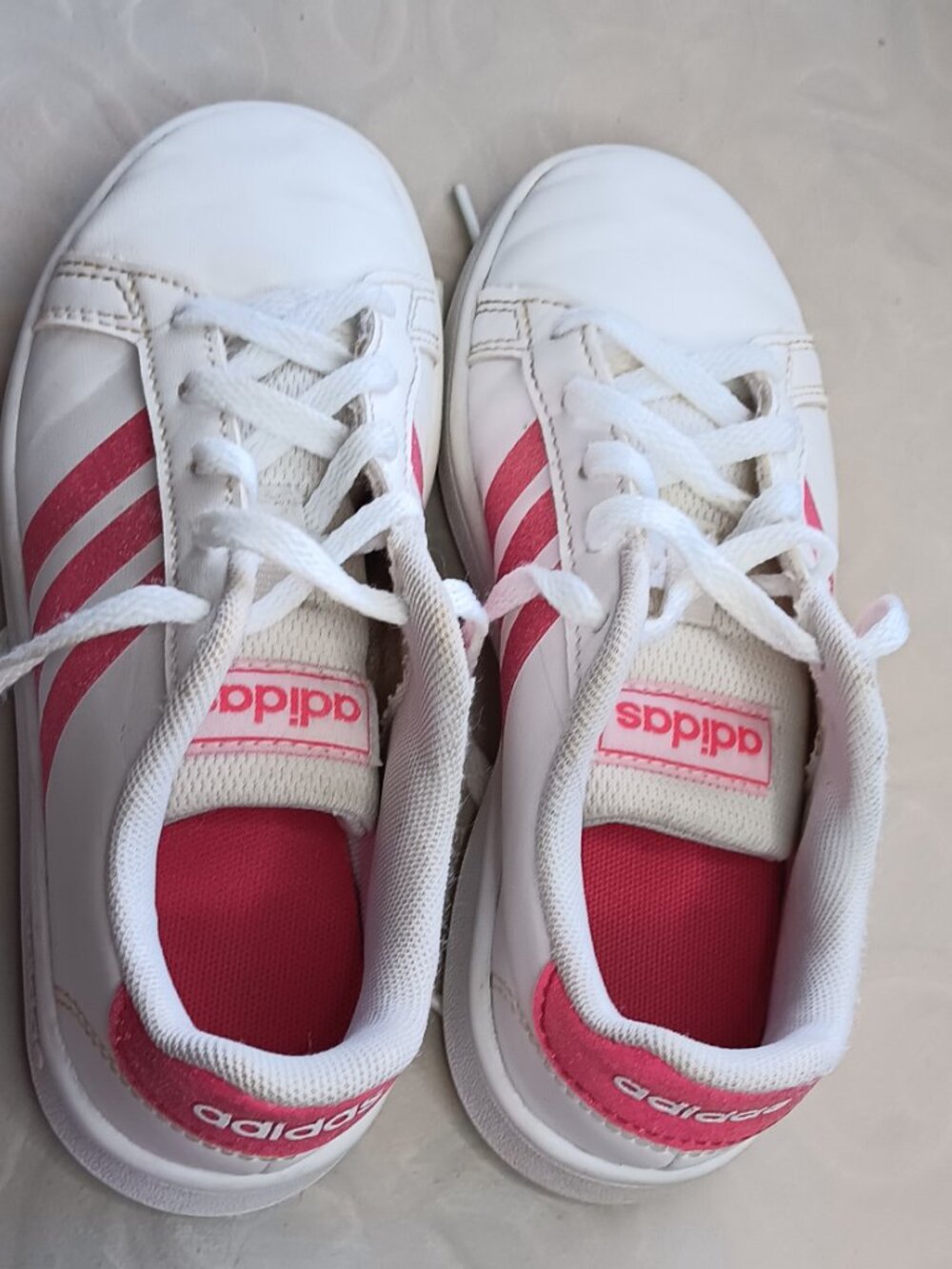 Adidas Kids Grand Court Sneakers - White with Pink Glitter Stripes - 12K